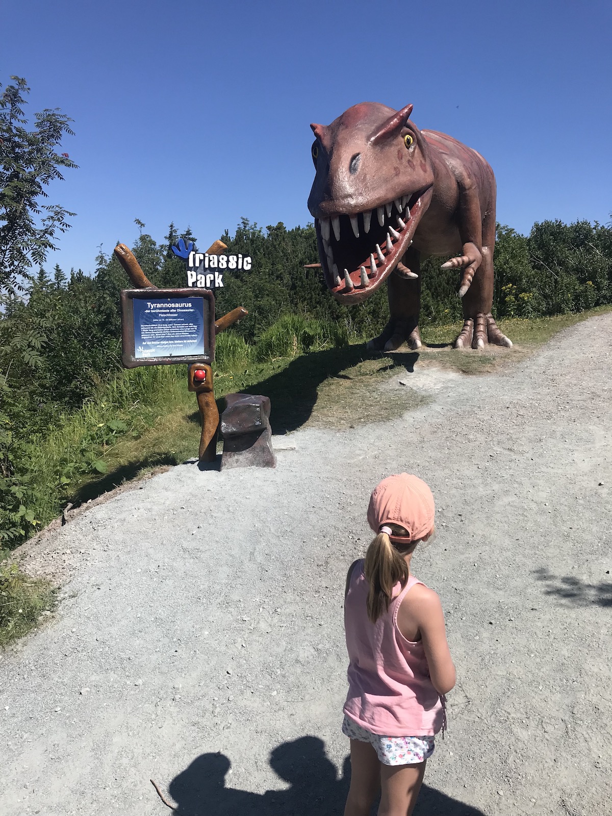Kind steht vor Dinosaurier aus Kunststoff im Triassic Park in Waidring, Österreich